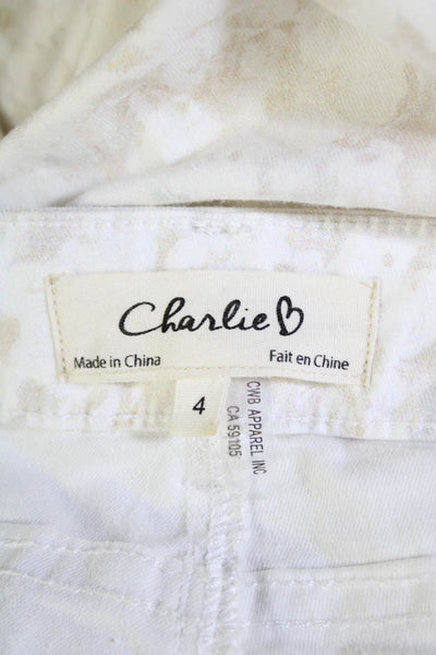 Charlie Womens Floral Print High Rise Slim Leg Jeans White Beige Cotton Size 4