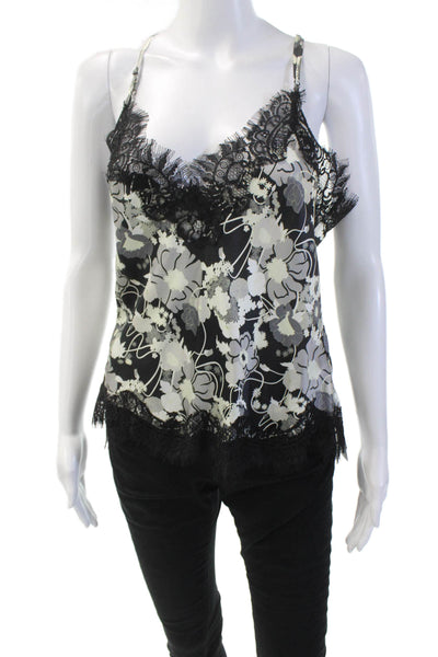 Gold Hawk Womens Silk Floral Print Lace Trim Tank Top Black Grey Size Small