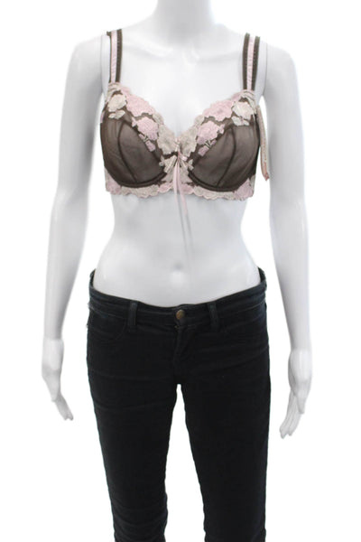 Fayreform Womens Sheer Embroidered Bow Accent Underwired Bra Brown Size 32E