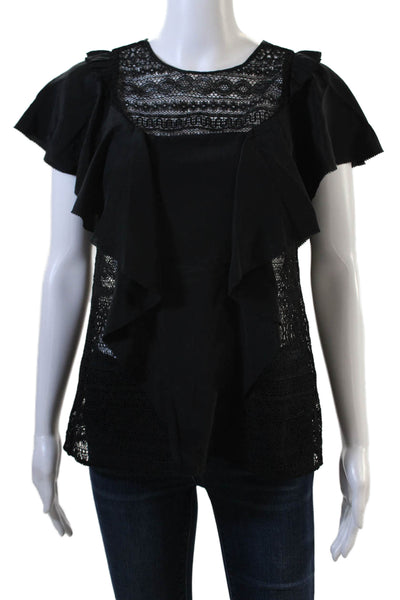 Marissa Webb Womens Cotton Round Neck Short Sleeve Lace Blouse Black Size S