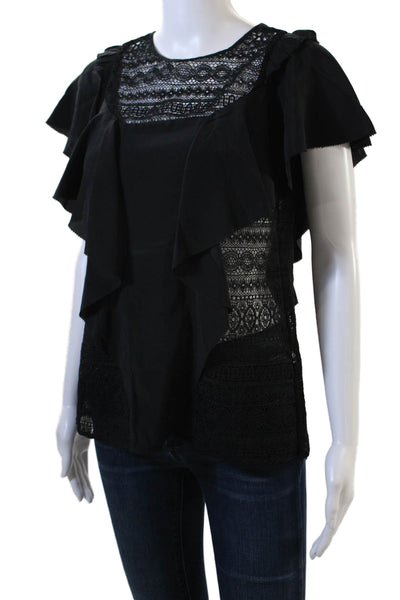 Marissa Webb Womens Cotton Round Neck Short Sleeve Lace Blouse Black Size S