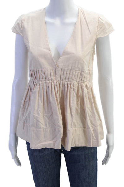 Maje Womens Cotton Pleated V-Neck Cap Sleeve Pullover Blouse Top Pink Size 2