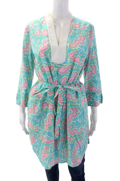 Lily Pulitzer Womens V-neck Long Sleeve Abstract Tie Front Tunic Blouse Blue Siz