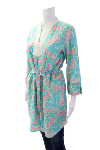 Lily Pulitzer Womens V-neck Long Sleeve Abstract Tie Front Tunic Blouse Blue Siz