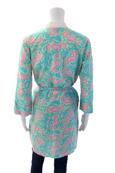 Lily Pulitzer Womens V-neck Long Sleeve Abstract Tie Front Tunic Blouse Blue Siz