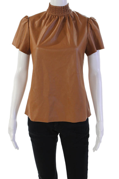 Trina Turk Womens Textured V-neck Short Sleeve Sleek Blouse Brown Size XS