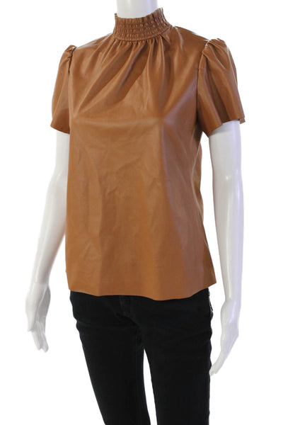 Trina Turk Womens Textured V-neck Short Sleeve Sleek Blouse Brown Size XS
