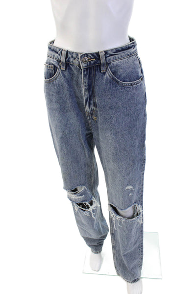 Ksubi Womens Zipper Fly High Rise Distressed Straight Jeans Blue Denim Size 26
