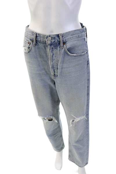 Agolde Womens Button Fly High Rise Distressed Straight Jeans Light Blue Size 25