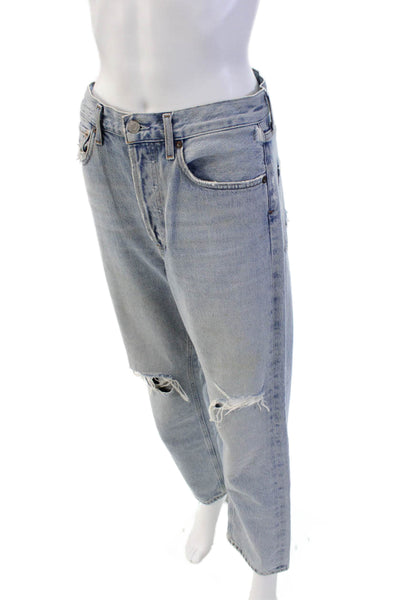Agolde Womens Button Fly High Rise Distressed Straight Jeans Light Blue Size 25