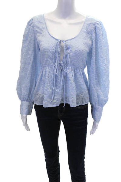 ciro lucia Womens Cotton Stripe Print V-Neck Puff Sleeve Blouse Blue Size L