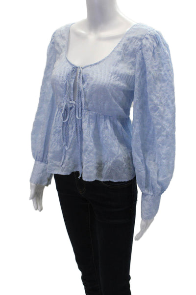 ciro lucia Womens Cotton Stripe Print V-Neck Puff Sleeve Blouse Blue Size L