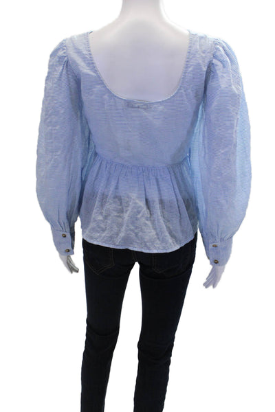 ciro lucia Womens Cotton Stripe Print V-Neck Puff Sleeve Blouse Blue Size L