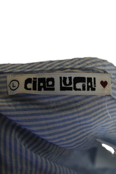 ciro lucia Womens Cotton Stripe Print V-Neck Puff Sleeve Blouse Blue Size L