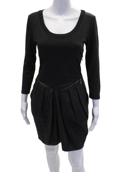 See by Chloe Womens Long Sleeve Pleated Zip Pocket T Shirt Dress Black Size 6