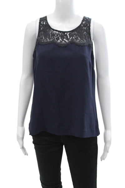 J Crew Women's Scoop Neck Lace Trim Sleeveless Silk Tank Top Navy Blue Size 8