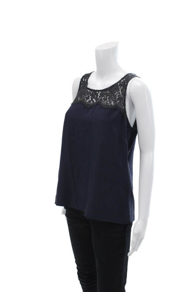 J Crew Women's Scoop Neck Lace Trim Sleeveless Silk Tank Top Navy Blue Size 8