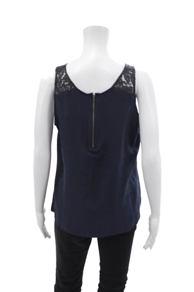 J Crew Women's Scoop Neck Lace Trim Sleeveless Silk Tank Top Navy Blue Size 8