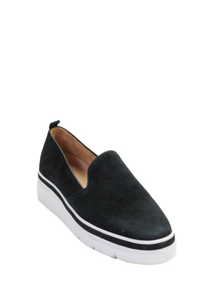 Bill Blass Womens Slip On Wedge Heel Round Toe Sneakers Black White Suede Size 8