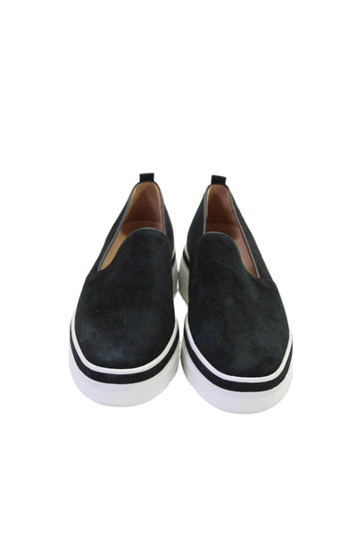 Bill Blass Womens Slip On Wedge Heel Round Toe Sneakers Black White Suede Size 8