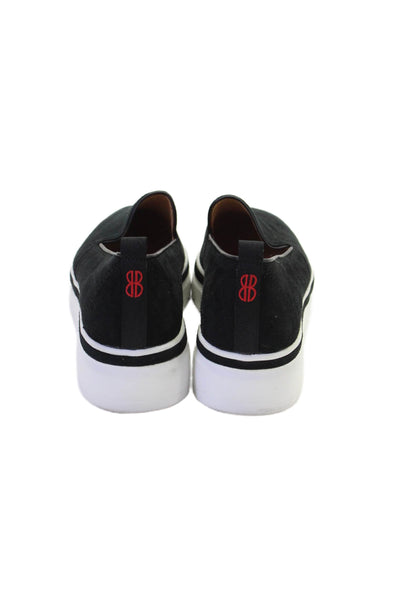 Bill Blass Womens Slip On Wedge Heel Round Toe Sneakers Black White Suede Size 8