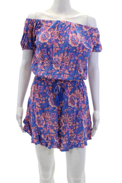 Tiare Hawaii Womens Floral Off Shoulder Elastic Waist Mini Dress Blue Size OS