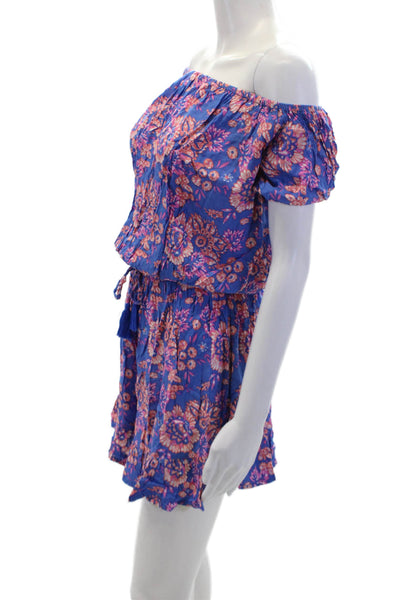 Tiare Hawaii Womens Floral Off Shoulder Elastic Waist Mini Dress Blue Size OS