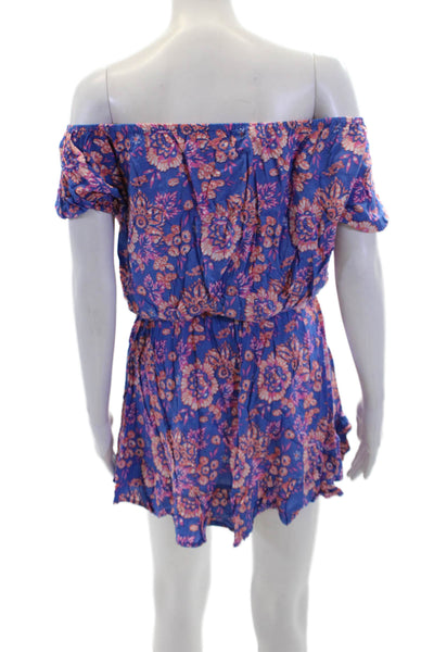 Tiare Hawaii Womens Floral Off Shoulder Elastic Waist Mini Dress Blue Size OS