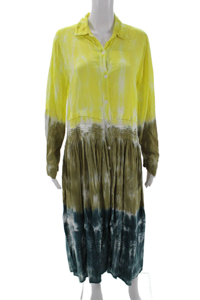YFB Womens Long Sleeve Button Front Ombre Midi Dress Yellow Brown Blue Small