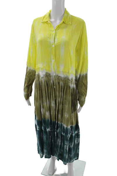 YFB Womens Long Sleeve Button Front Ombre Midi Dress Yellow Brown Blue Small