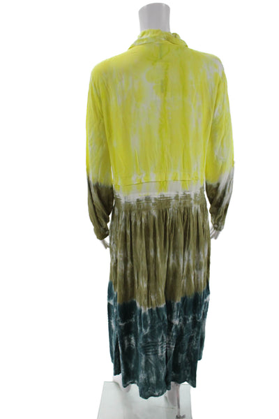 YFB Womens Long Sleeve Button Front Ombre Midi Dress Yellow Brown Blue Small