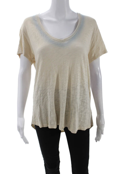 ATM Womens Short Sleeve V Neck Tee Shirt Beige Blue Cotton Size Extra Small