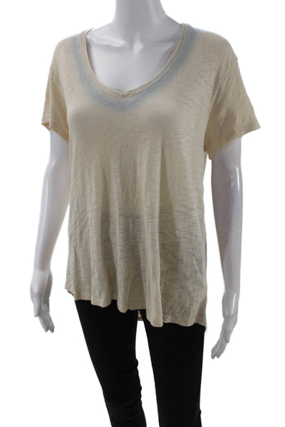 ATM Womens Short Sleeve V Neck Tee Shirt Beige Blue Cotton Size Extra Small