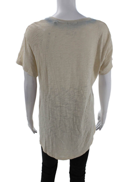 ATM Womens Short Sleeve V Neck Tee Shirt Beige Blue Cotton Size Extra Small