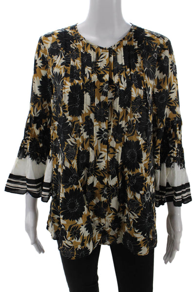 Kobi Halperin Womens 3/4 Sleeve V Neck Floral Blouse Brown Black White Large