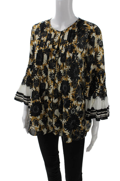 Kobi Halperin Womens 3/4 Sleeve V Neck Floral Blouse Brown Black White Large