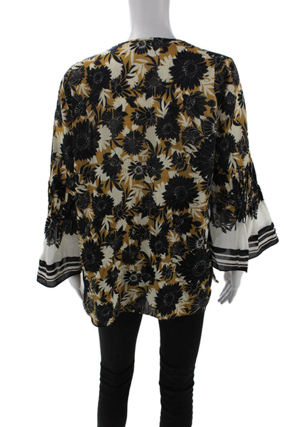 Kobi Halperin Womens 3/4 Sleeve V Neck Floral Blouse Brown Black White Large
