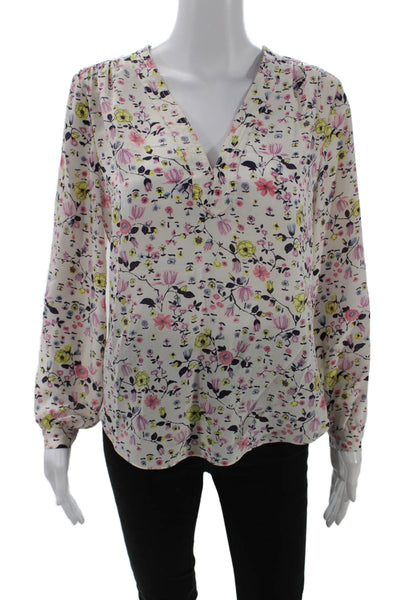 Rebecca Taylor Womens Long Sleeve V Neck Silk Floral Blouse White Multi Size 4