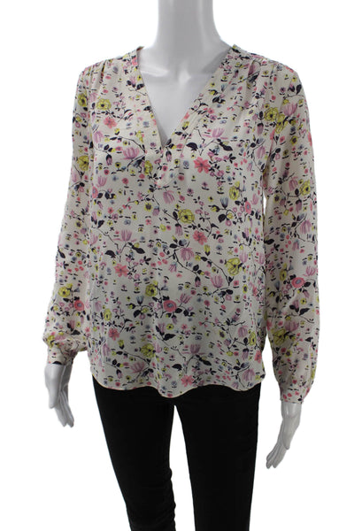 Rebecca Taylor Womens Long Sleeve V Neck Silk Floral Blouse White Multi Size 4