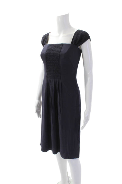 Akris Punto Womens Silk Square Neck Smocked Sheath Dress Dark Blue Size 6