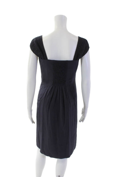 Akris Punto Womens Silk Square Neck Smocked Sheath Dress Dark Blue Size 6
