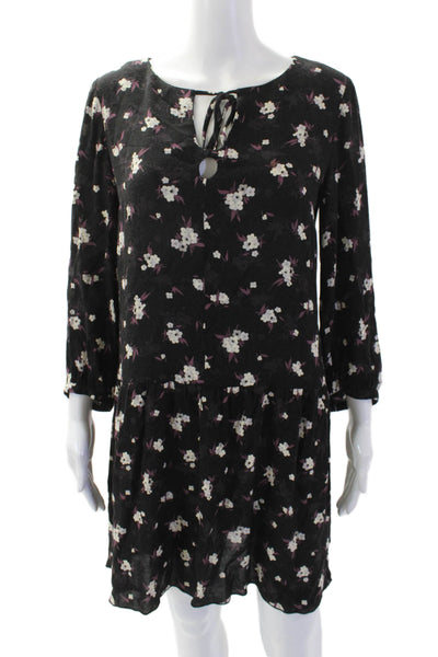 Anna Sui Womens Long Sleeve Floral Print Keyhole Shift Dress Black Size 4