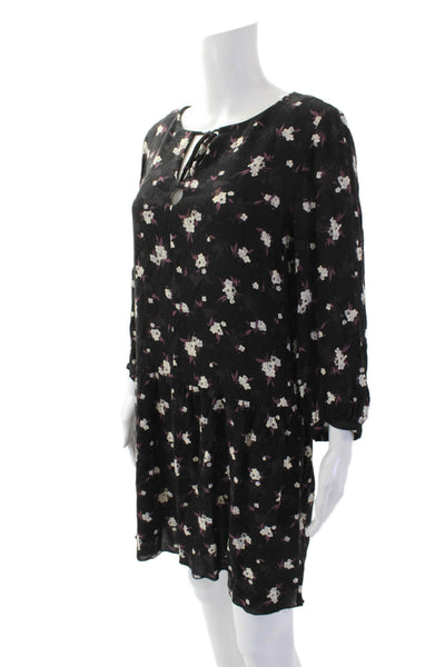 Anna Sui Womens Long Sleeve Floral Print Keyhole Shift Dress Black Size 4