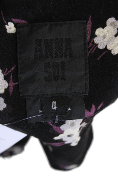 Anna Sui Womens Long Sleeve Floral Print Keyhole Shift Dress Black Size 4