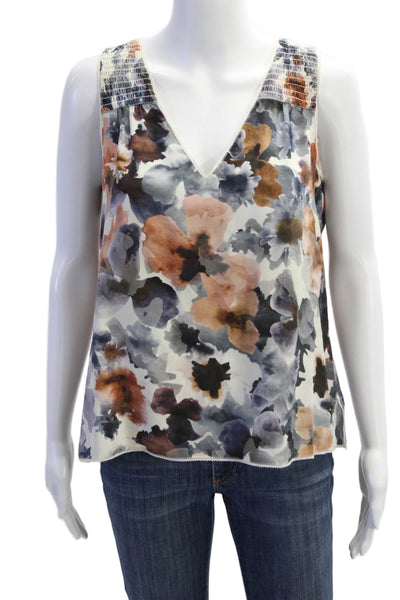 Go By GoSilk Womens Sleeveless V Neck Floral Silk Blouse White Blue Size Small