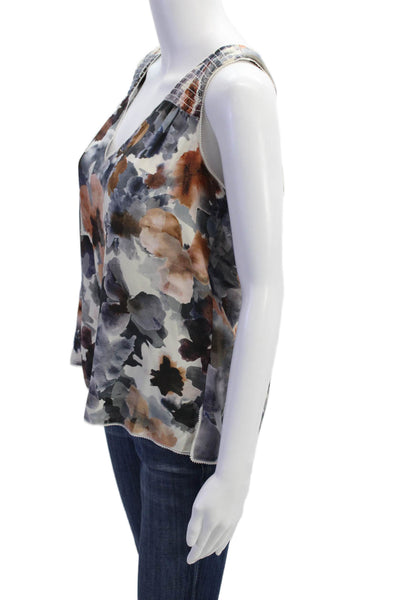 Go By GoSilk Womens Sleeveless V Neck Floral Silk Blouse White Blue Size Small