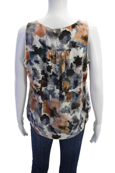 Go By GoSilk Womens Sleeveless V Neck Floral Silk Blouse White Blue Size Small