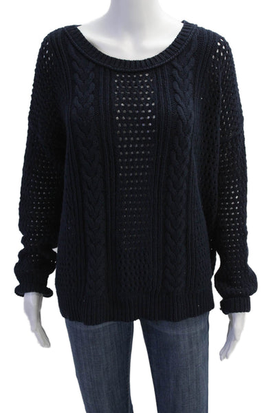 360 Sweater Womens Long Sleeve Scoop Neck Open Knit Sweater Navy Cotton Small
