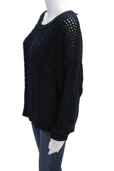 360 Sweater Womens Long Sleeve Scoop Neck Open Knit Sweater Navy Cotton Small