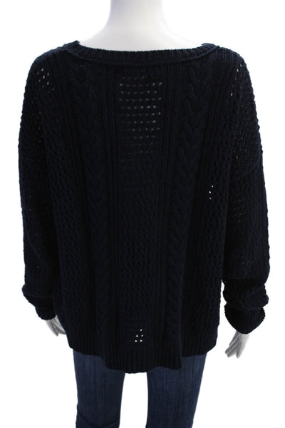 360 Sweater Womens Long Sleeve Scoop Neck Open Knit Sweater Navy Cotton Small
